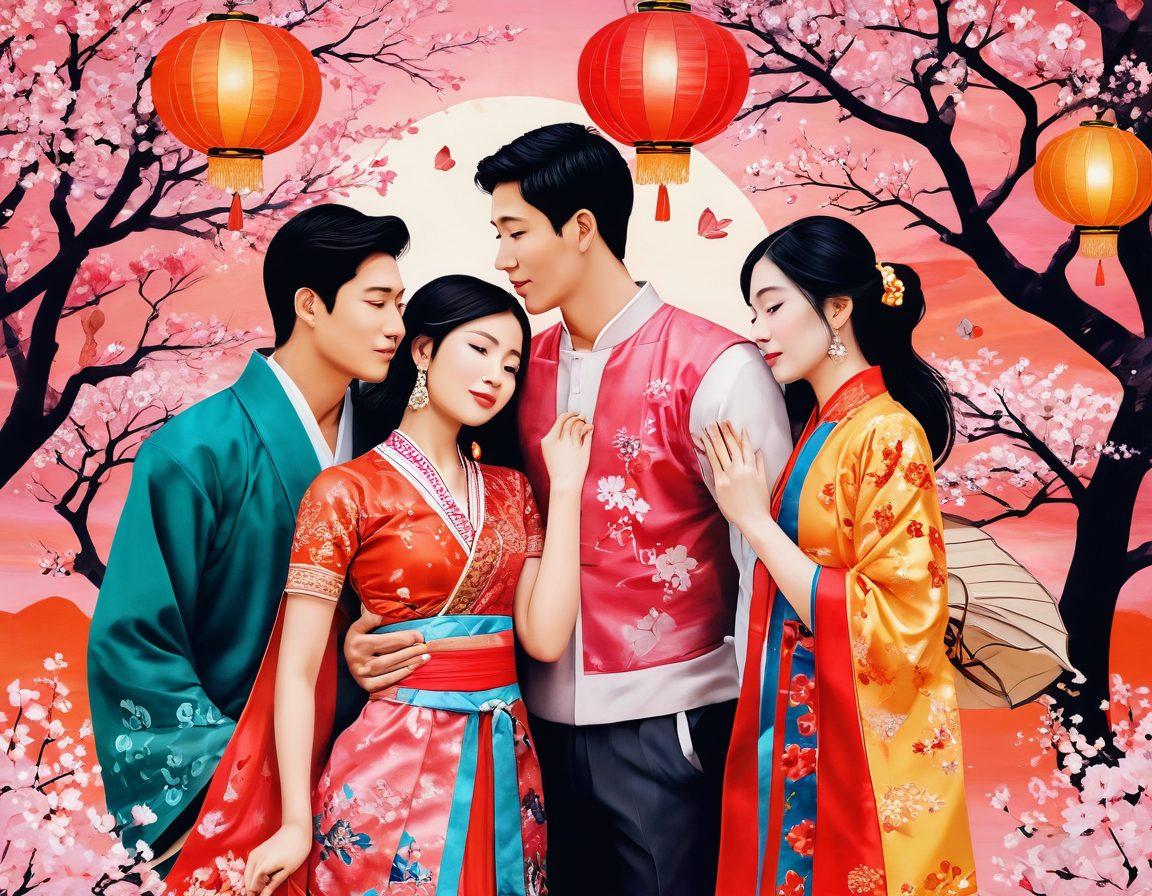 A vibrant collage showcasing a diverse group of couples from various Asian cultures engaging in romantic activities, surrounded by traditional symbols of love like cherry blossoms, lotus flowers, and lanterns. The background features an abstract blend of cultural motifs representing different Asian communities. Bright colors and intricate details evoke a sense of warmth and connection, celebrating romance in its many forms. super-realistic. vibrant colors. cultural textures.