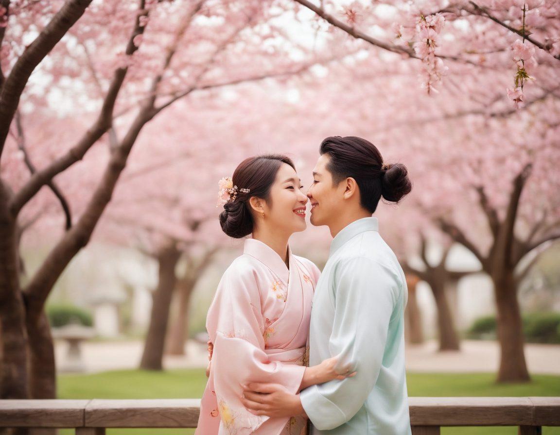 A serene park setting showcasing diverse couples sharing intimate moments, surrounded by cherry blossom trees and lanterns, reflecting various Asian cultures. Subtle signs of affection like hand-holding and laughter illustrate the essence of relationships. The background features traditional Asian architecture to enhance the cultural vibe. soft focus. pastel colors. harmonious blend.