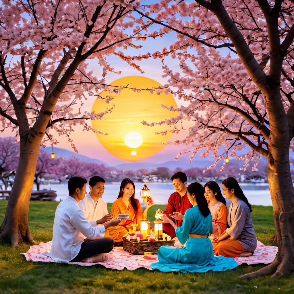 A warm and inviting scene showcasing a diverse group of couples from various Asian cultures, engaging in traditional romantic gestures like exchanging gifts and enjoying a picnic under cherry blossom trees. Incorporate elements like colorful lanterns and ornate patterns symbolizing love and unity. The background features a sunset that casts a golden glow, enhancing the mood of togetherness and celebration. super-realistic. vibrant colors. soft focus.